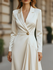 Buttoned Solid Color Split-Joint High Waisted High-low Notched Collar Midi Dresses