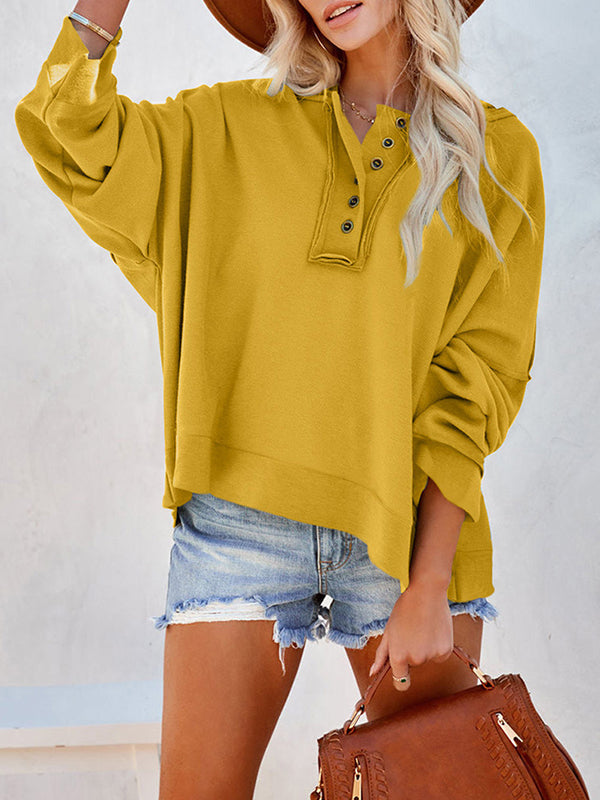 Buttoned Split-Joint Velvet Hooded Long Sleeves Sweatshirt Tops