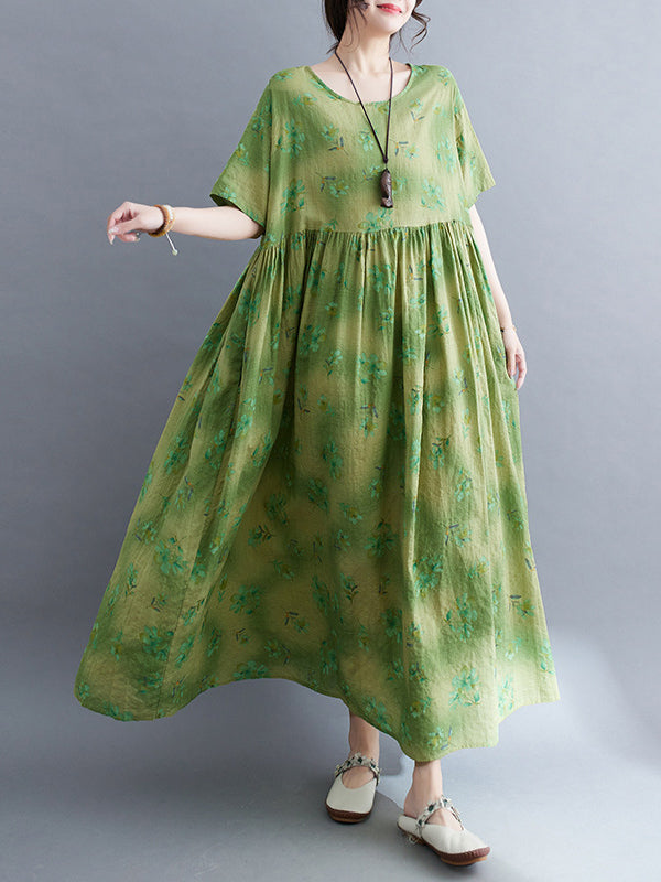 Floral Printed Loose Short Sleeves Round-Neck Midi Dresses