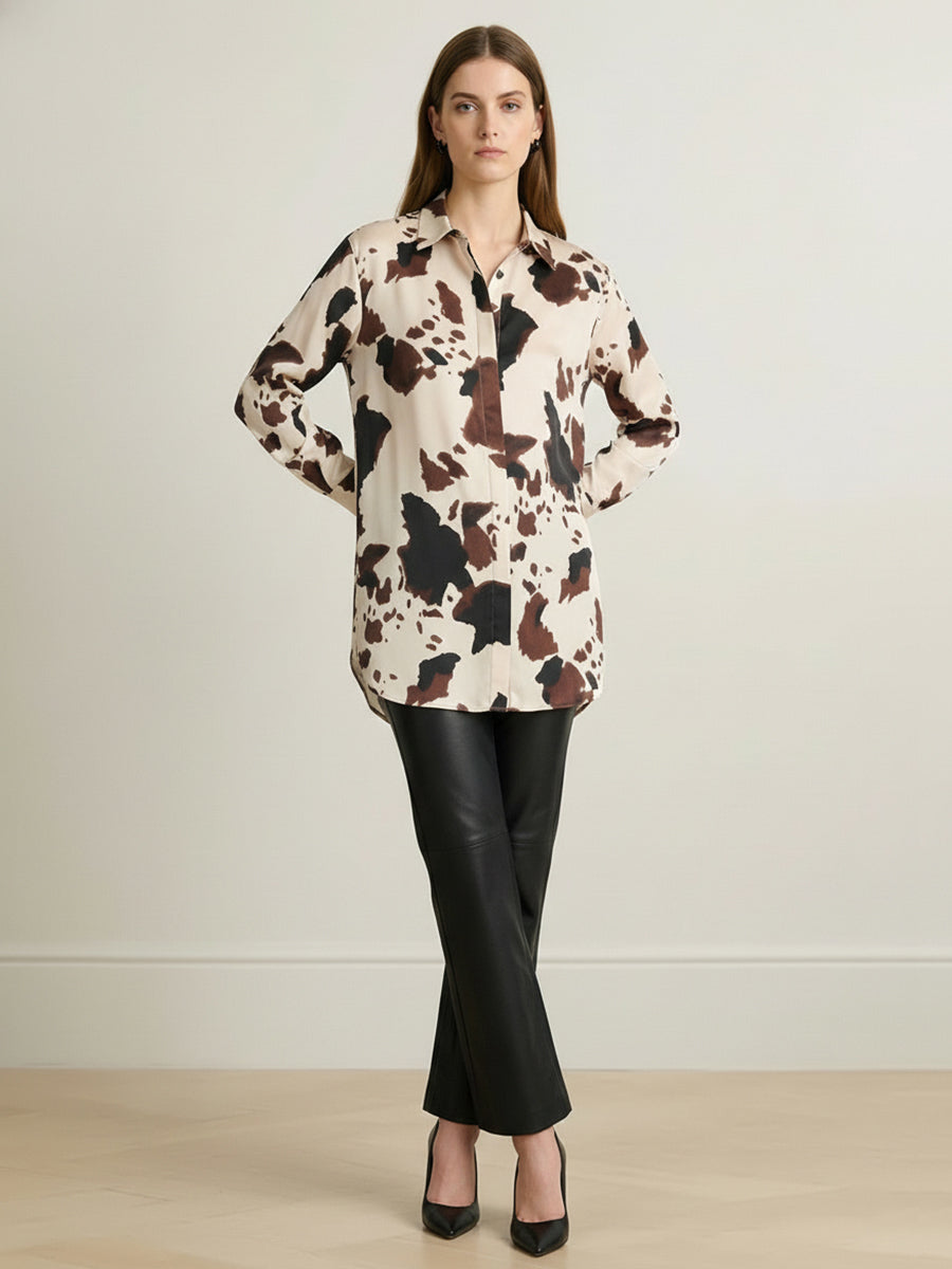 Buttoned Contrast Color Cow Printed Split-Joint Long Sleeves Loose Lapel Blouses&Shirts Tops