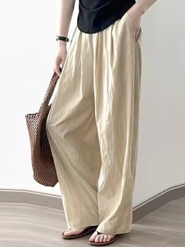 Elasticity Pleated Pockets Solid Color High Waisted Loose Trousers Pants