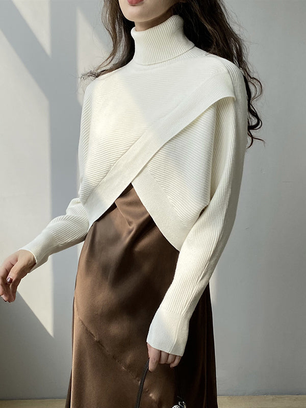 Asymmetric Solid Color Split-Front Long Sleeves High-Neck Sweater Pullovers Knitwear
