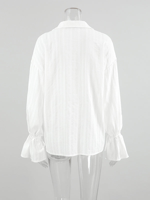 Drawstring See-Through Solid Color Split-Joint Loose Puff Sleeves Lapel Blouses&Shirts Tops