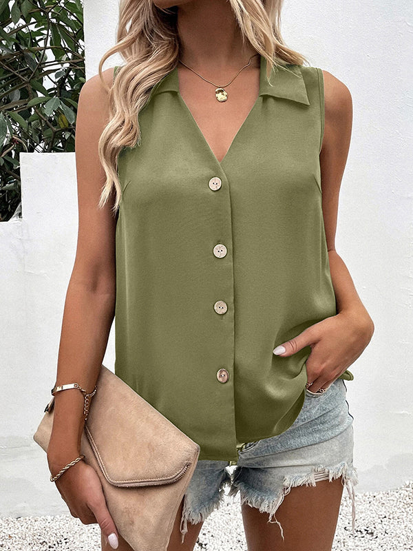 Buttoned Solid Color Split-Joint Loose Sleeveless V-neck Vest Top