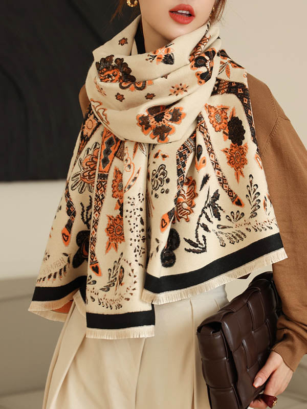Vintage Knitting Tasseled Jacquard Imitated Cashmere Scarf Shawl