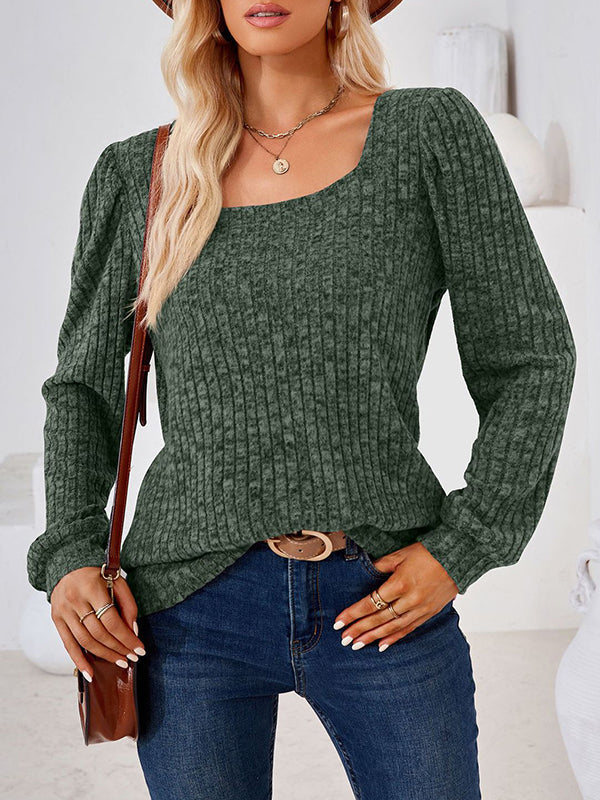 Solid Color Long Sleeves Loose Square-Neck T-Shirts Tops