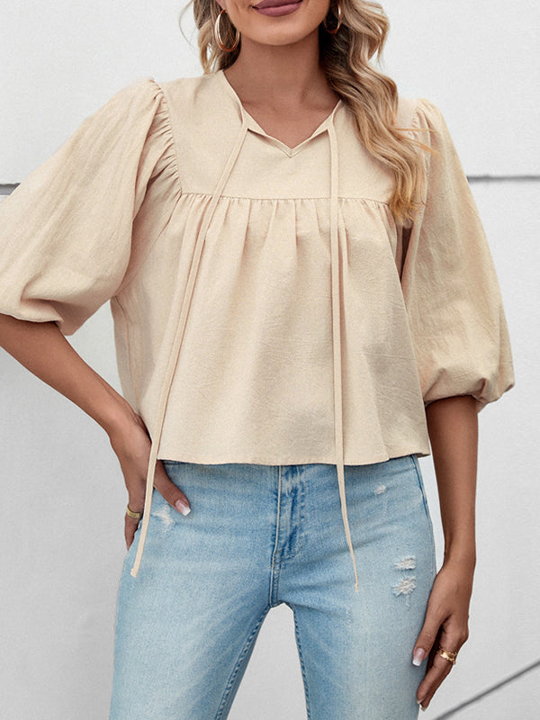 Elasticity Pleated Solid Color Split-Joint Tied Half Sleeves Loose Round-Neck T-Shirts Tops
