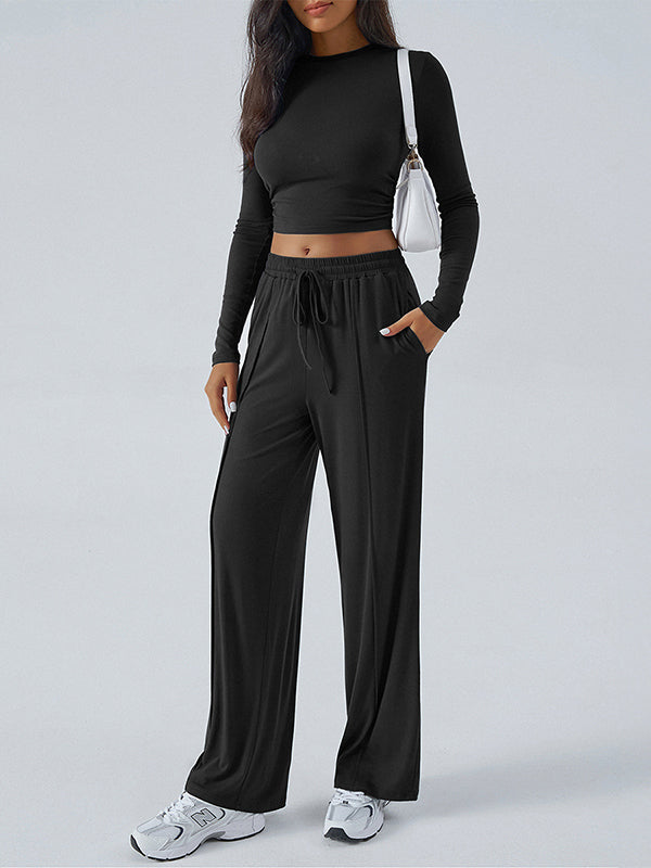 Round-Neck Long Sleeves Loose Solid Color T-shirt Top + Drawstring Elasticity Pockets Pants Bottom Two Pieces Set
