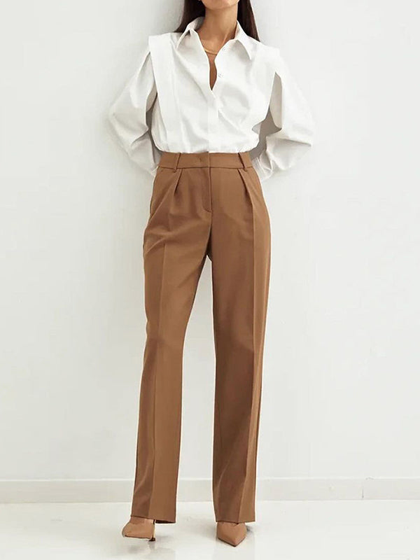 Buttoned Solid Color Long Sleeves Loose Lapel Blouses&Shirts Tops