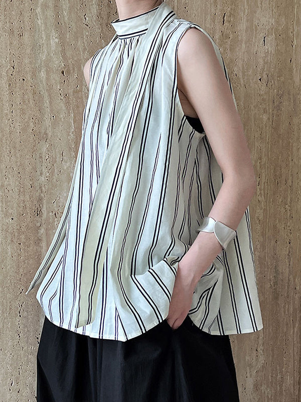 Lace-Up Pleated Split-Joint Streamer Striped Loose Sleeveless Stand Collar Vest Top