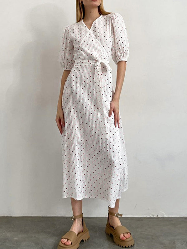 Elasticity Heart Print Jacquard Polka-Dot Split-Joint Tied Waist A-Line High Waisted V-Neck Midi Dresses