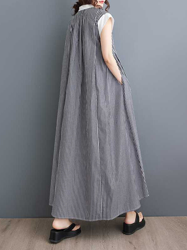 Buttoned Striped Cap Sleeve Loose Lapel Shirt Dress Maxi Dresses