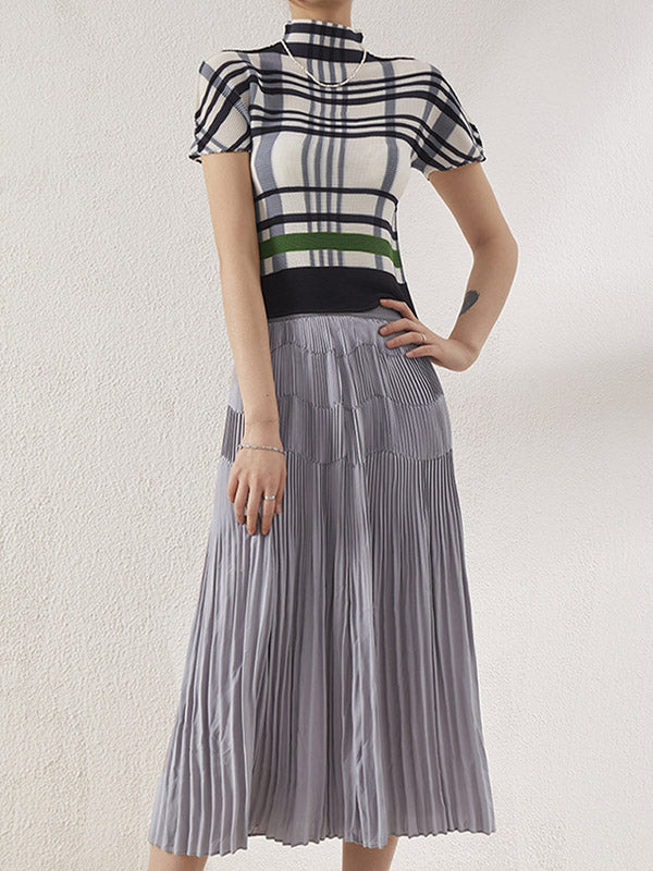 Contrast Color Pleated Short Sleeves Mock Neck T-Shirts Tops