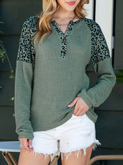 Buttoned Leopard Split-Joint Long Sleeves Loose Round-Neck T-Shirts Tops