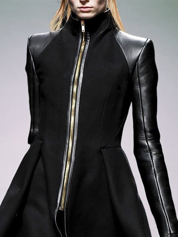 Split-Front Split-Joint Zipper A-Line Long Sleeves Stand Collar Outerwear
