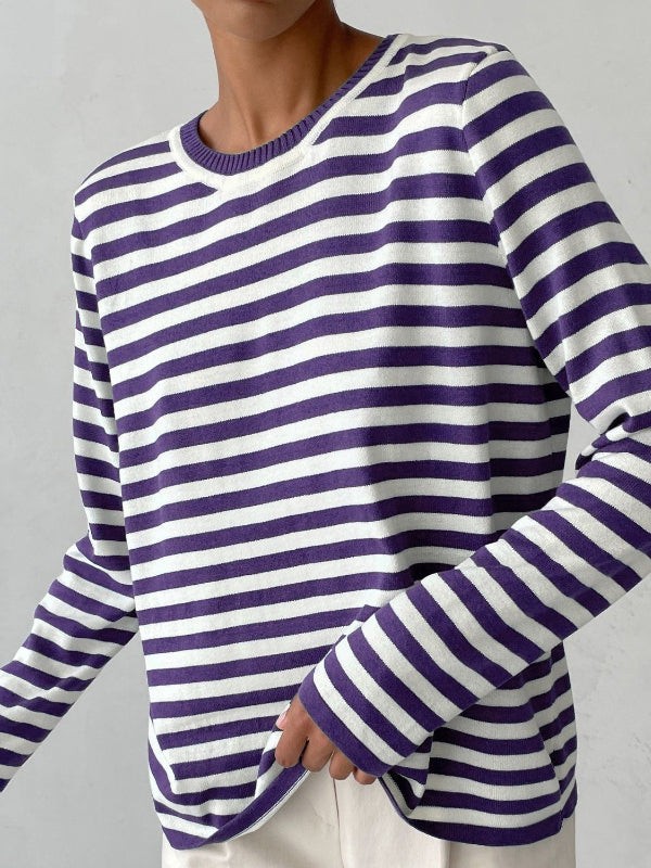 Split-Joint Striped Long Sleeves Loose Round-Neck Sweater Tops