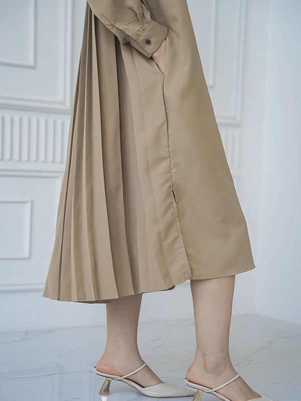 Buttoned Split-side Loose Three-quarter Sleeves Lapel Shirt Dress Midi Dresses