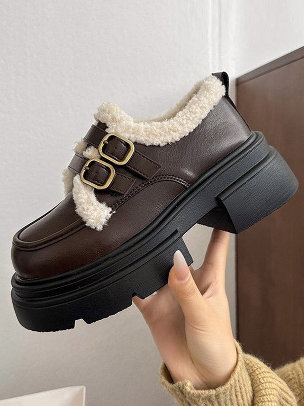 Belt Buckle Round-Toe Split-Joint Velvet Platform Shoes Loafers