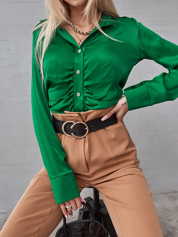 Pleated Solid Color Long Sleeves Lapel Blouses&shirts Tops
