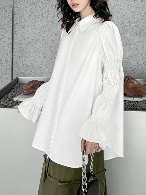 Pleated Solid Color Split-Joint Puff Sleeves Lapel Blouses