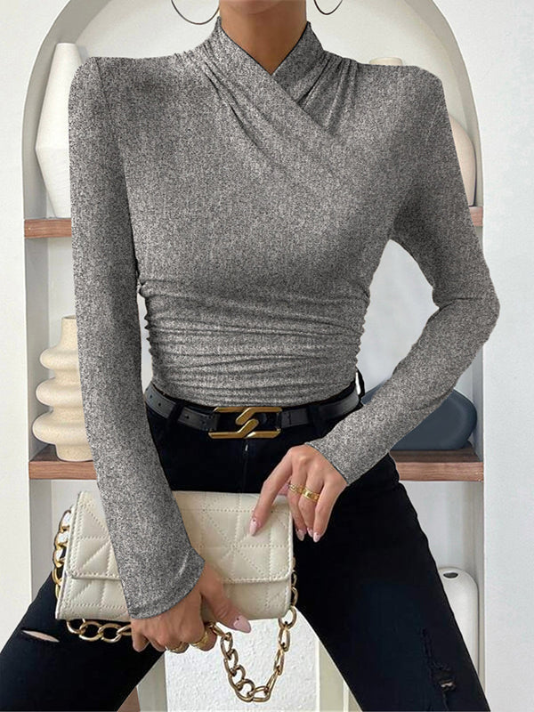 Pleated Solid Color Long Sleeves Skinny Mock Neck T-Shirts Tops