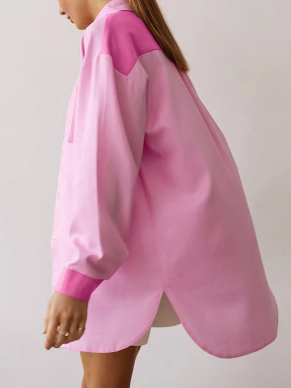 Buttoned Contrast Color Pockets Split-side High-low Long Sleeves Lapel Blouses&shirts Tops
