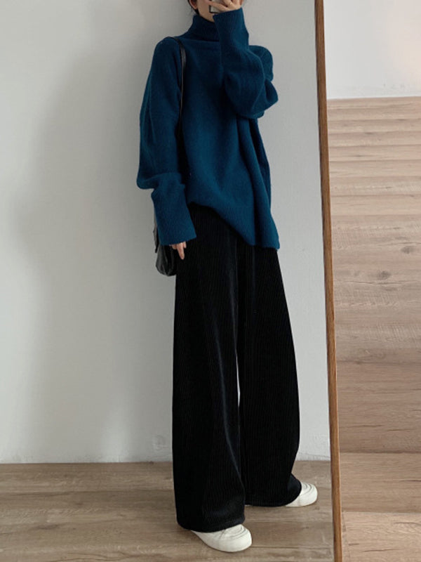 Solid Color Split-Joint Split-Side Long Sleeves Loose High Neck Sweater