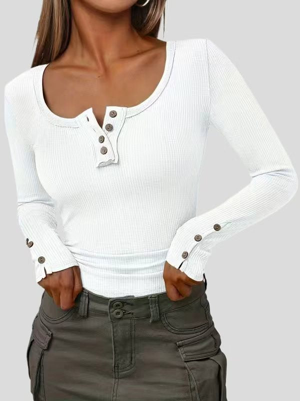 Buttoned Solid Color Long Sleeves Skinny Square-Neck T-Shirts