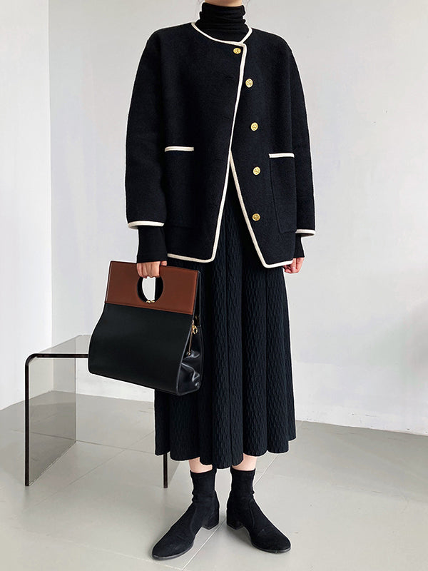 Asymmetric Buttoned Pockets Split-Joint Long Sleeves Loose Round-Neck Woolen Coat
