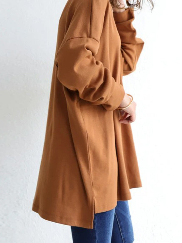 Solid Color Simple V-Neck High-Low Long Sleeve T-Shirts