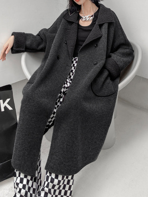 Buttoned Pockets Solid Color Velvet Long Sleeves Loose Lapel Woolen Coat