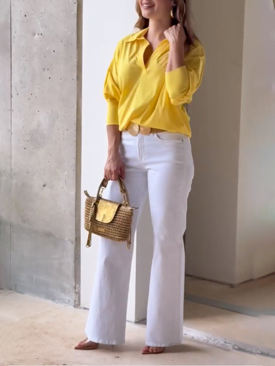 Solid Color Loose Puff Sleeves Lapel Blouses&Shirts Tops