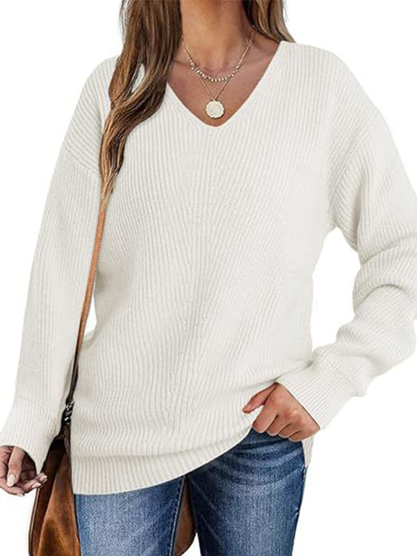 Solid Color Long Sleeves Loose V-Neck Sweater Tops Pullovers
