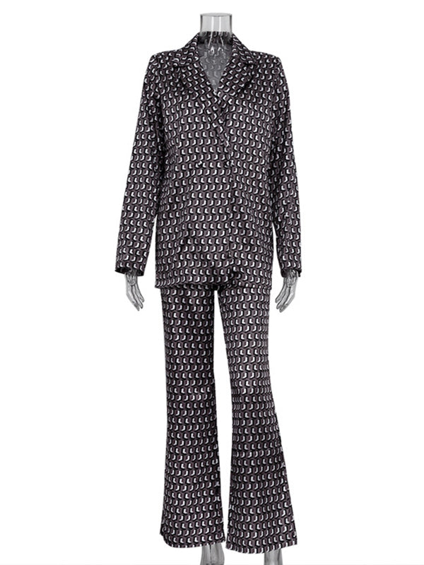 Printed Long Sleeves Lapel Outwear Top + Flared Trousers Bottom Two Pieces Set