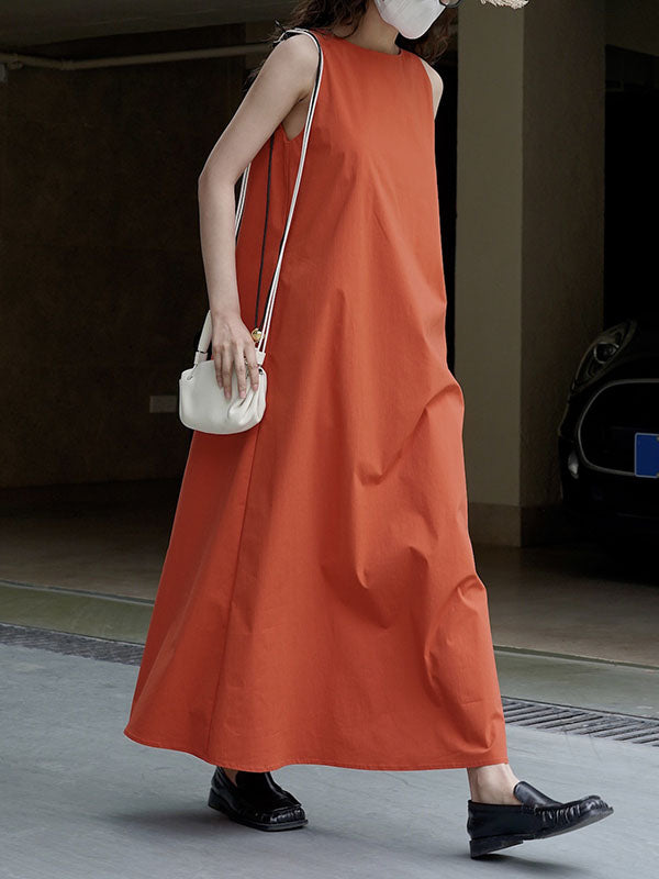 Solid Color Loose Sleeveless Round-Neck Midi Dresses