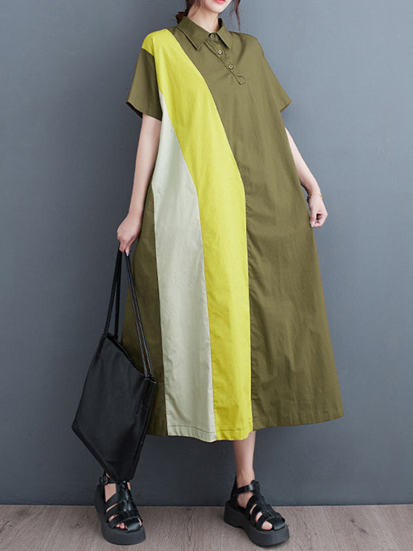 Multi-Colored Loose Short Sleeves Polo Midi Dresses