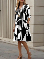 Contrast Color Printed Split-Joint Long Sleeves Loose Lapel Shirt Dress Midi Dresses