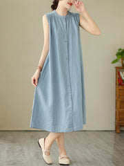 Buttoned Pleated Solid Color A-Line Sleeveless Round-Neck Midi Dresses