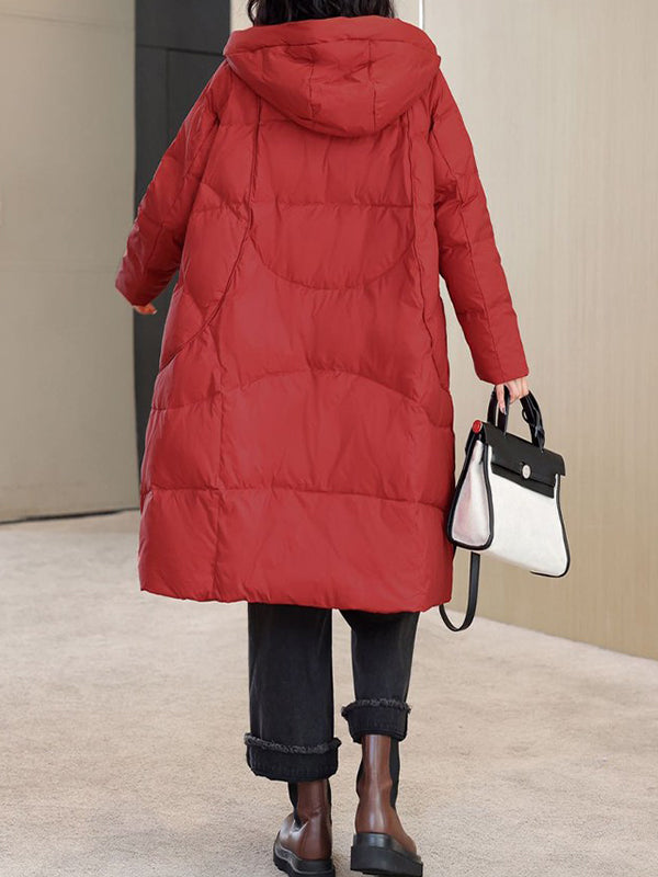 Pockets Solid Color Split-Joint Long Sleeves Loose Hooded Down Coat