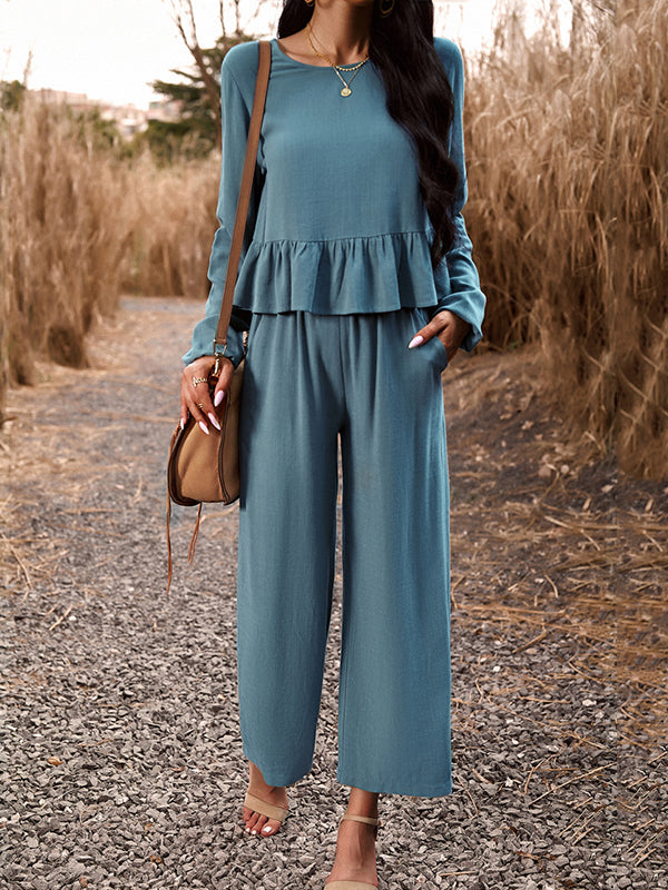 Round-Neck Long Sleeves Loose Pleated Solid Color Split-Joint Shirts Top + Pants Bottom Two Pieces Set