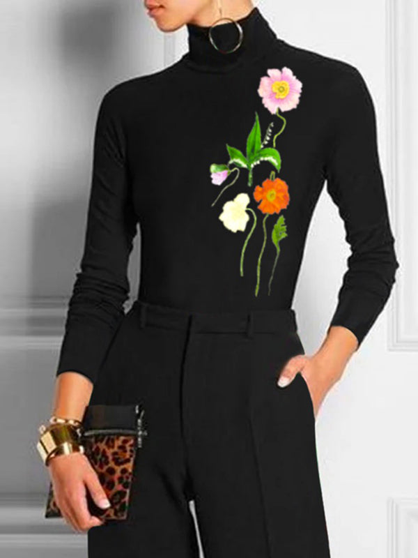 Flower Print Printed Split-Joint Long Sleeves Skinny High Neck T-Shirts Tops