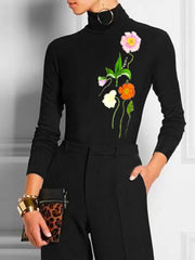 Flower Print Printed Split-Joint Long Sleeves Skinny High Neck T-Shirts Tops