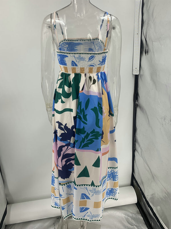 Pleated Printed Split-Joint High Waisted Sleeveless Collarless Slip Dress Midi Dresses
