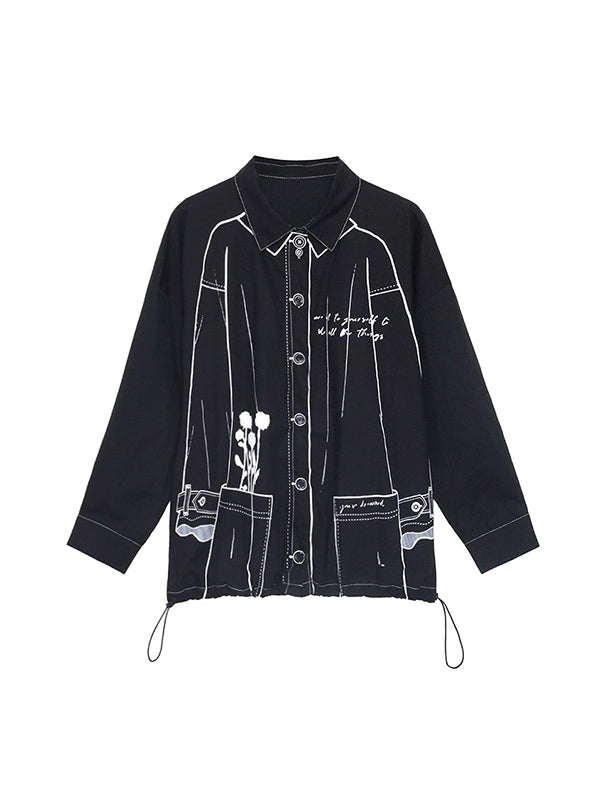 Casual Contrast Color Printed Drawstring Blouse Top