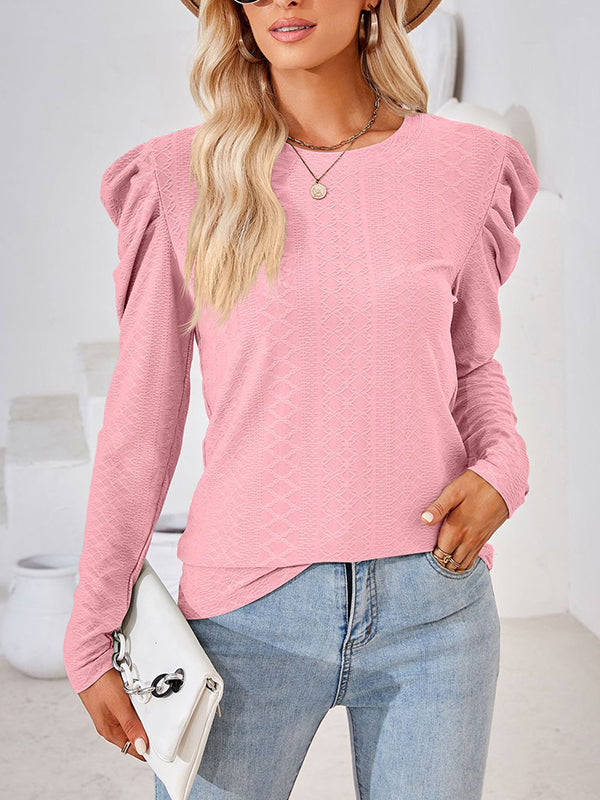 Pleated Solid Color Long Sleeves Loose Round-Neck T-Shirts Tops