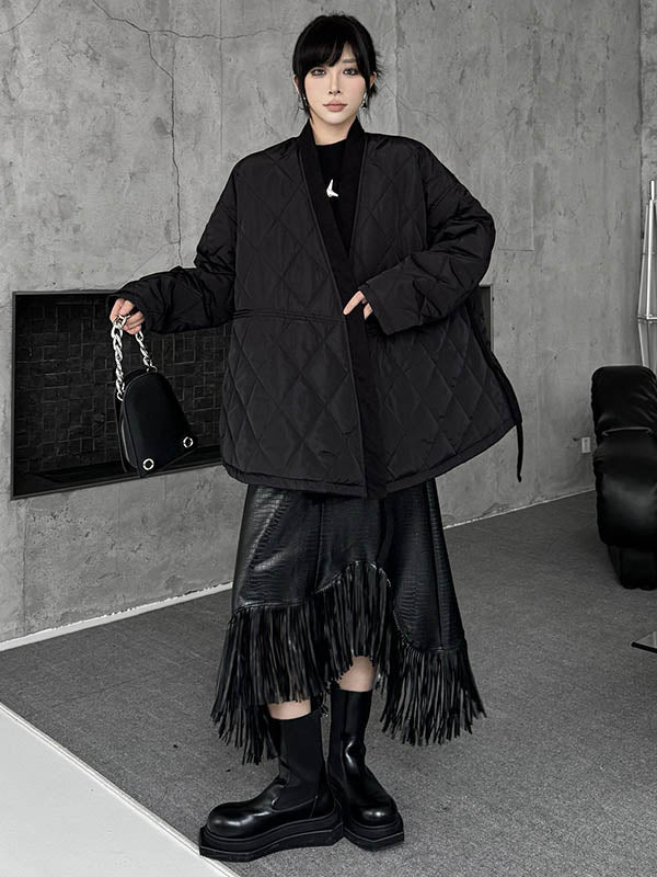 Plaid Quilted Solid Color Split-Joint Tied Long Sleeves Loose Collarless Padded Coat Outerwear