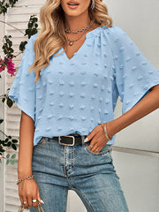 Jacquard Solid Color Half Sleeves Loose V-Neck T-Shirts Tops