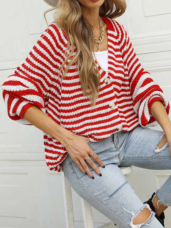 Casual Loose Long Sleeves Striped V-Neck Cardigan Tops