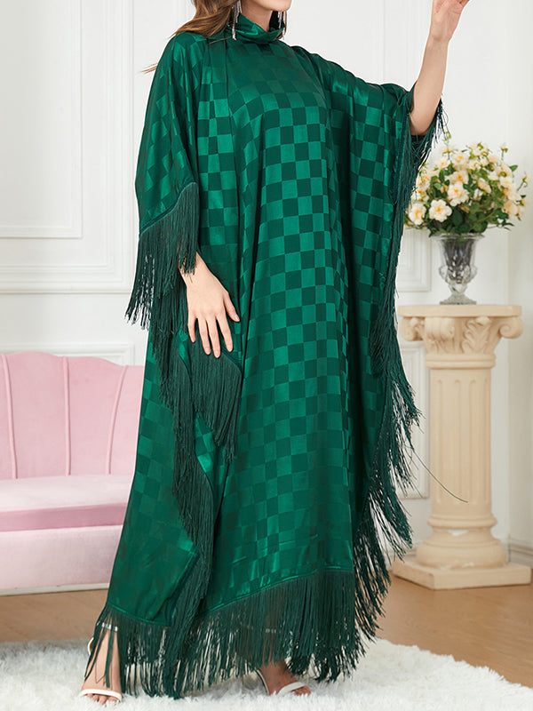 Plaid Ribbon Tasseled A-Line Batwing Sleeves Maxi Dresses