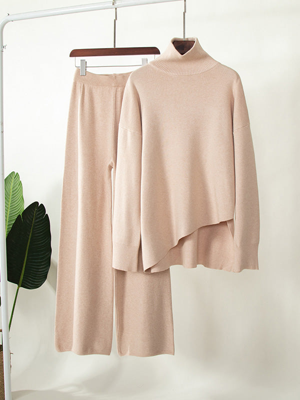 Casual Solid Color Irregularity High-Neck Sweater& Wide Leg Pants Suits